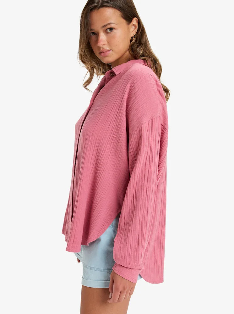 Morning Time Rosa Slate - Camisa Amplia de Manga Larga para Mujer