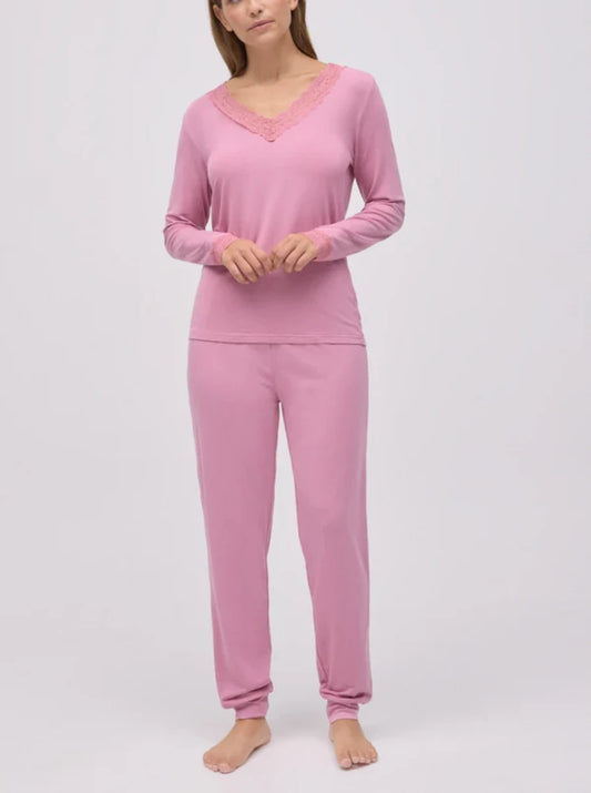 Pijama largo extra suave de modal pantalón jogger rosa