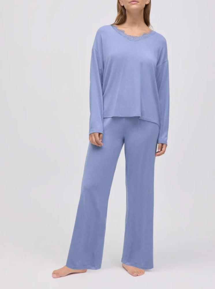 Pijama largo extra suave de modal pantalón ancho azul