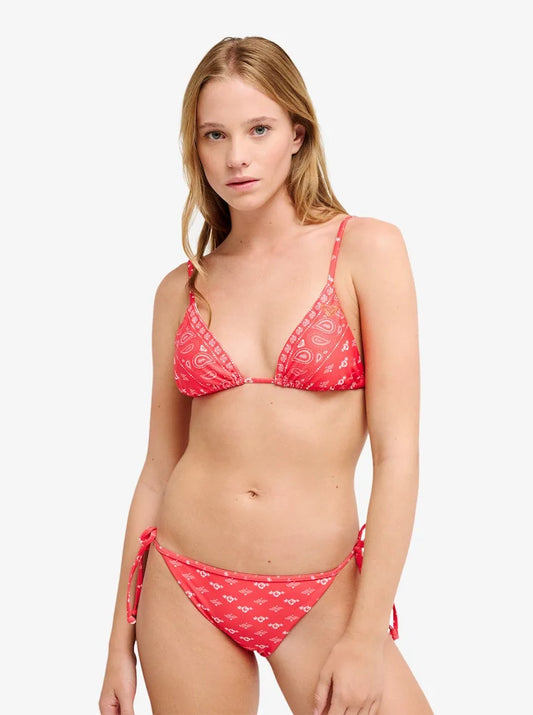 Beach Bandana Tiki Tri Lazos Rojo Hibiscus - Top de bikini triangulo para mujer